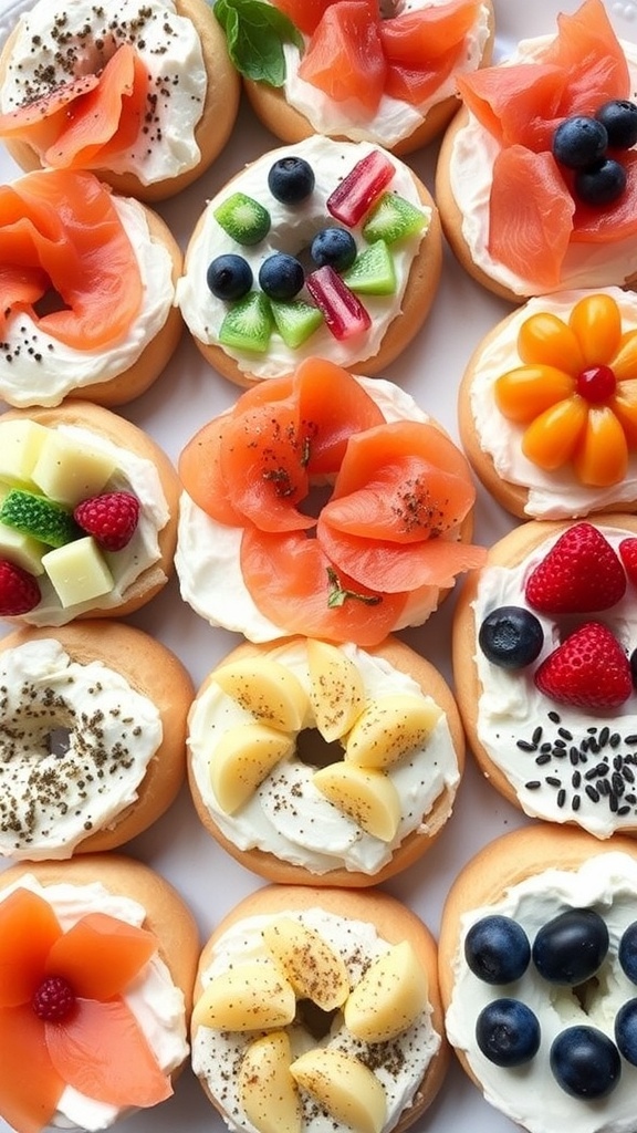 A variety of bagels topped with cream cheese, smoked salmon, vegetables, and fruits on a platter.